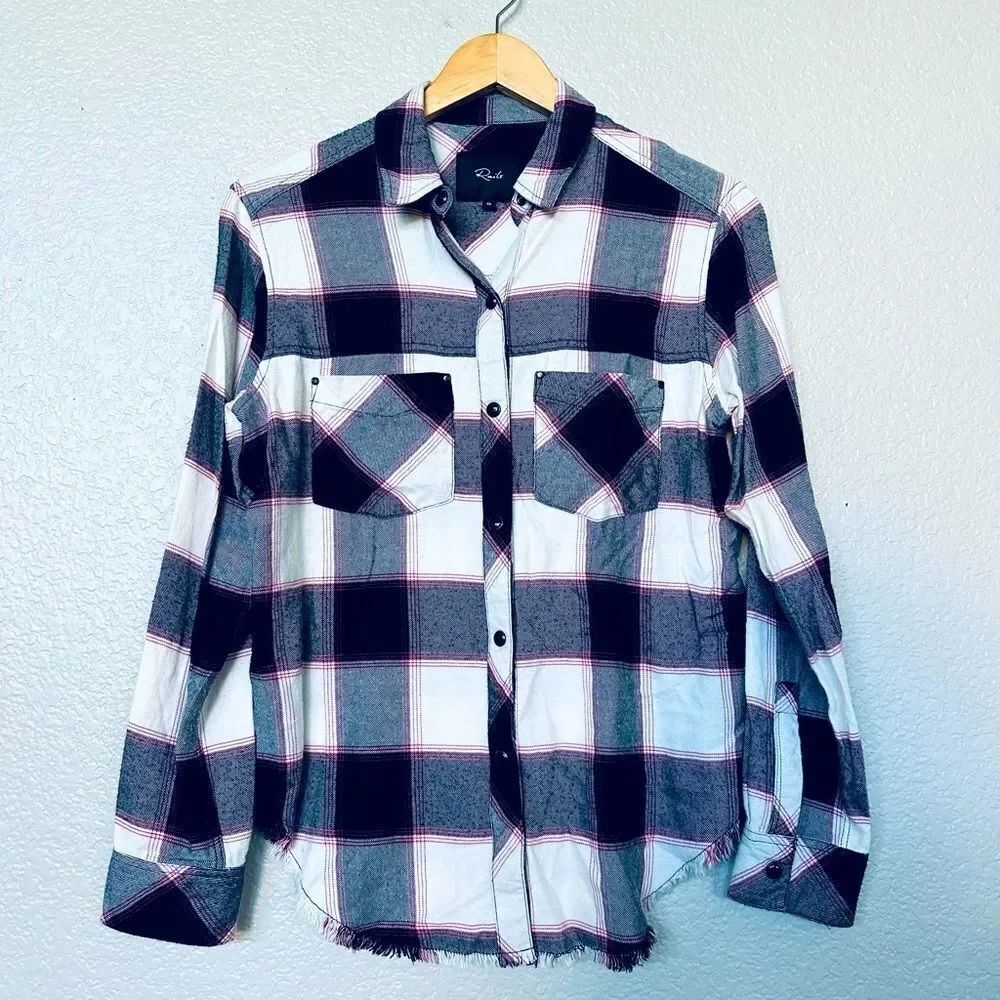 Rails Flannel Plaid Black White Pink Button Down Shirt XS